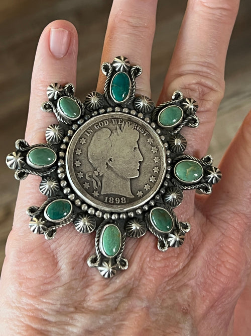 Rosella Paxson Hubei Turquoise and Barber Half Dollar Cluster Ring, Sz 6.5-7