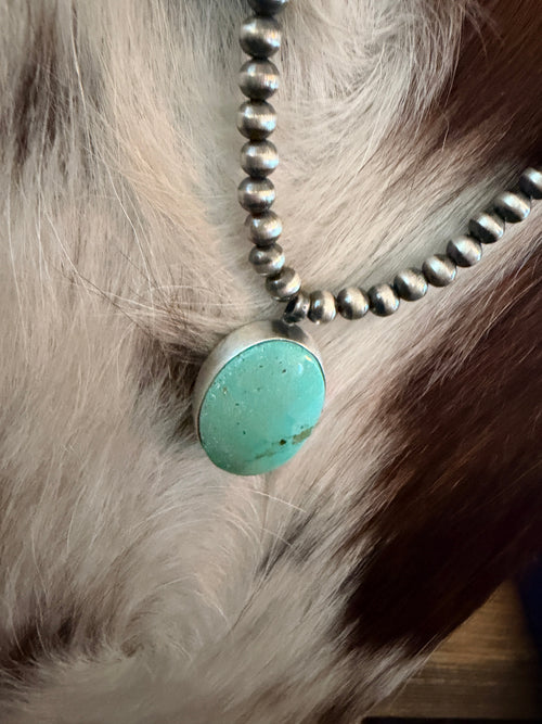 Handcrafted Turquoise & 5mm Sterling Silver Pearl 18” Beaded Necklace