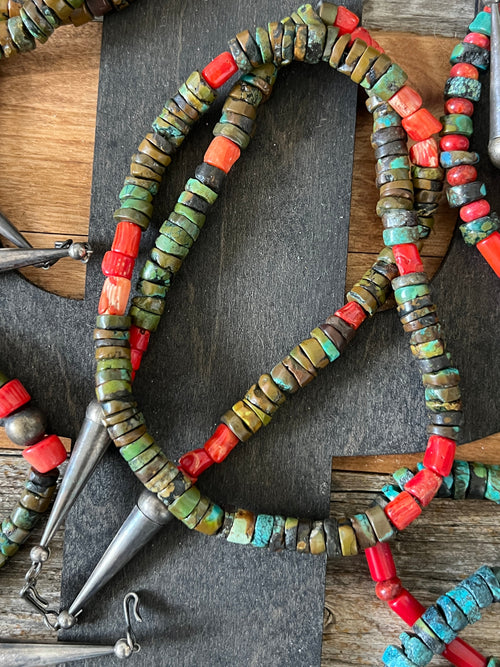 Navajo Hubei Turquoise Beaded Necklace with Sterling Silver and Bamboo Coral by Kirby Smith: 13 To Choose From!