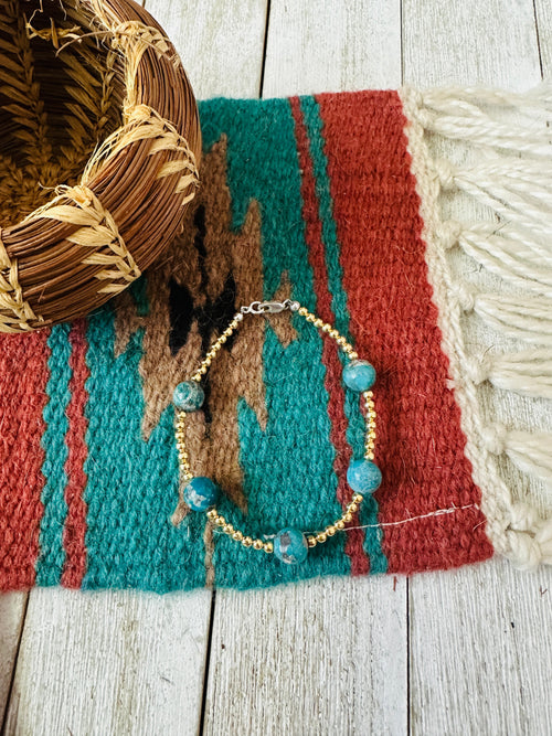 Handcrafted Gold Plated Sterling Silver Pearl & Turquoise Beaded Bracelet