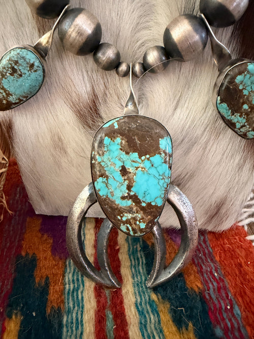 Handcrafted Number 8 Turquoise & Sterling Silver Beaded Squash Blossom Necklace by Chimney Butte