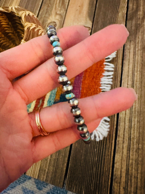 Handcrafted 5mm Sterling Silver Pearl & Turquoise Beaded Stretch Bracelet