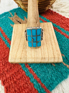 Old Pawn Vintage Handcrafted Sterling Silver & Turquoise Inlay Ring Size 12.5