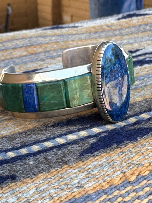 Old Pawn Lapis and Malachite Inlay Cuff by artists Michael and Causandra Dukepoo /