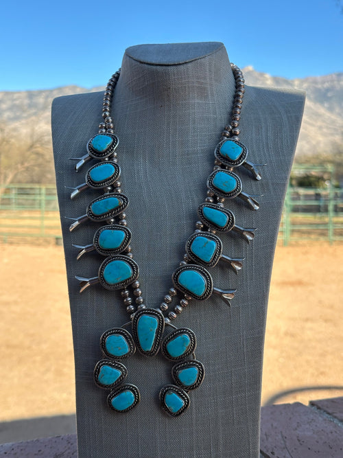 Estate Collection Old Pawn Turquoise & Sterling Silver Squash Blossom Necklace