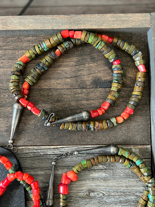 Navajo Hubei Turquoise Beaded Necklace with Sterling Silver and Bamboo Coral by Kirby Smith: 13 To Choose From!