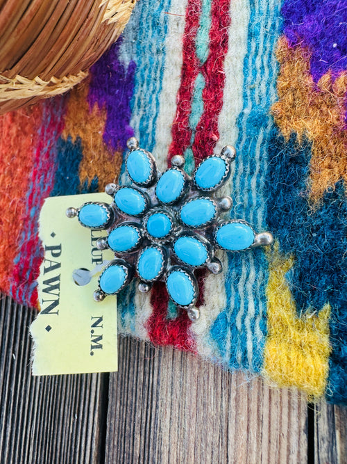 Old Pawn Handcrafted Turquoise and Sterling Silver Cluster Brooch