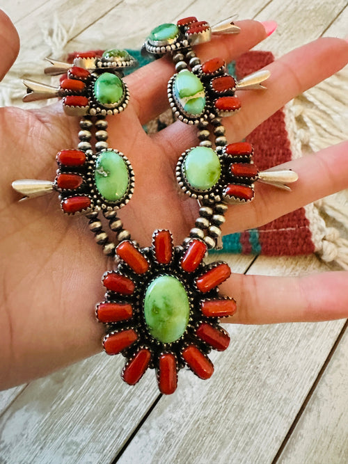 ** Christmas Collection ** Handmade Sterling Silver, Turquoise & Coral Necklace Signed Nizhoni