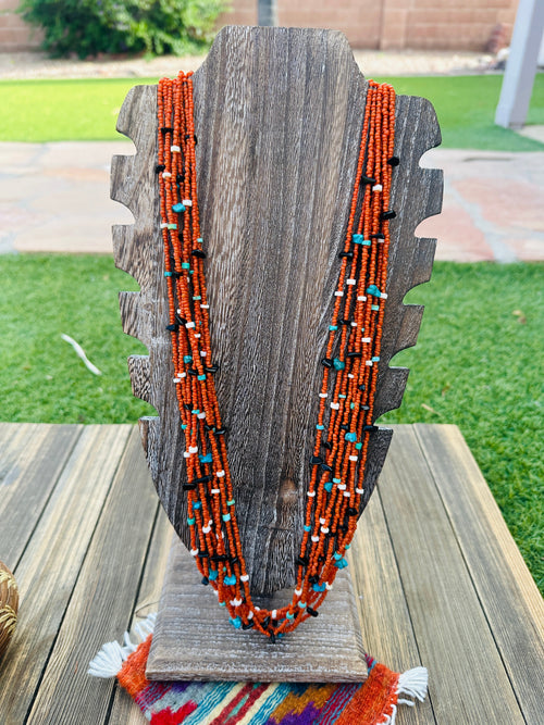 Old Pawn Handcrafted Coral, Turquoise & Black Onyx Beaded 32” Necklace