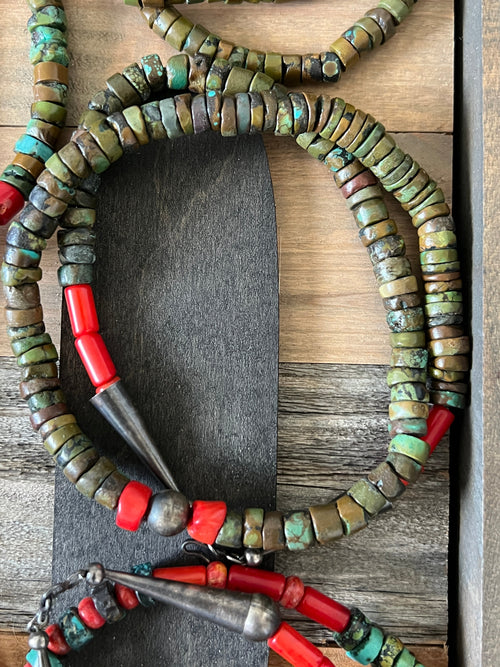 Navajo Hubei Turquoise Beaded Necklace with Sterling Silver and Bamboo Coral by Kirby Smith: 13 To Choose From!
