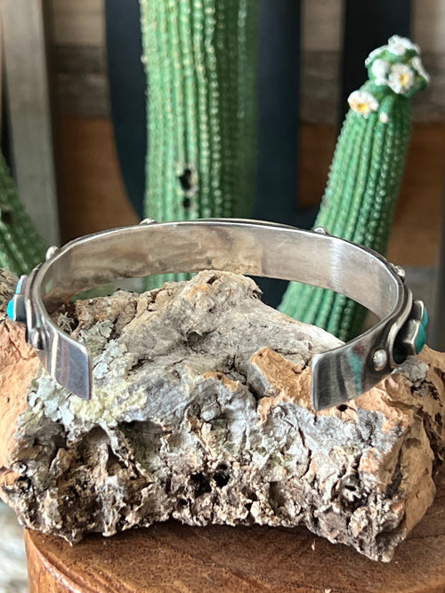 Handcrafted Vintage Sterling Silver and Four Diamond Turquoise Panel Stacker Cuff Bracelet