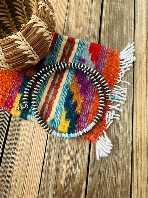 Handcrafted Turquoise, Queen Pink Conch & Sterling Silver Beaded Wrap Choker Necklace