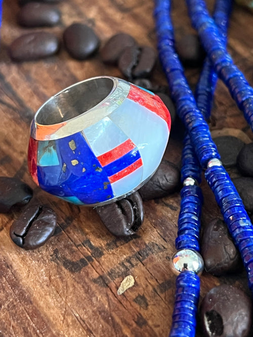 Daniel Coriz Triple Strand Lapis Beaded Necklace w/ Removable Sterling Silver & Stone Inlay Bead