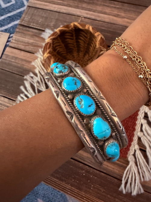 Handcrafted Old Pawn Sterling Silver & Turquoise Cuff Bracelet