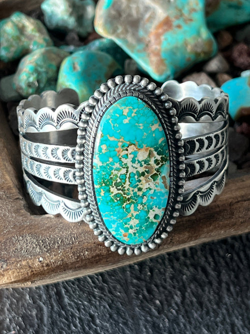 Handcrafted and Hand Stamped Sterling Silver and Royston Turquoise Cuff Bracelet by Diane Wylie