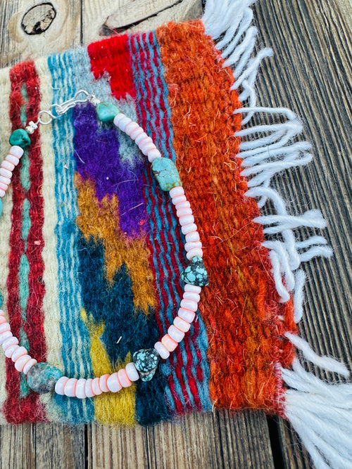 Handcrafted Turquoise, Queen Pink Conch & Sterling Silver Beaded Anklet