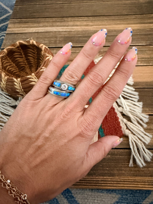 Old Pawn Handcrafted Opal, CZ & Sterling Silver Inlay Ring Set Size 7.25