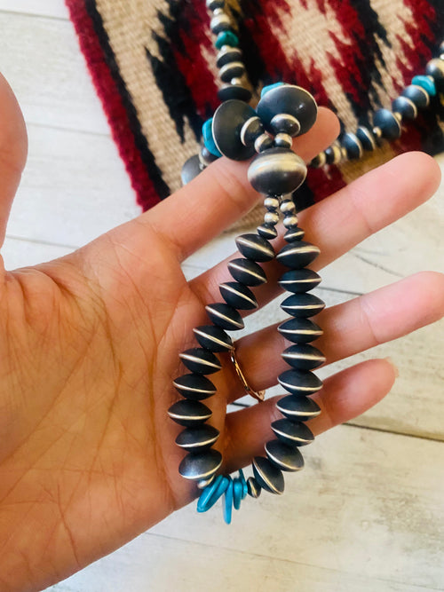 Handcrafted Turquoise & Sterling Silver Pearl Beaded Jacla Necklace