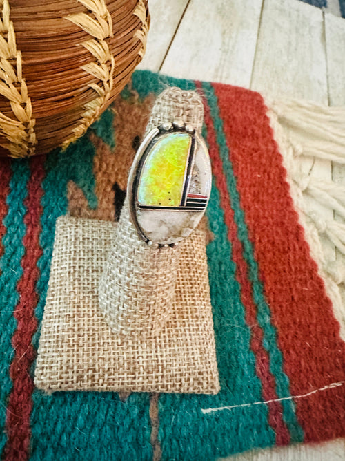 Old Pawn Handcrafted Multi Stone & Sterling Silver Inlay Ring Size 5.5