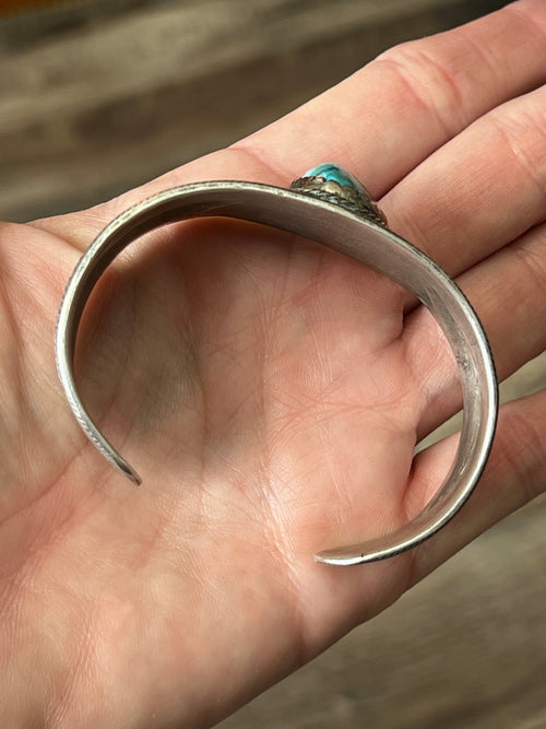 Hand Forged Old Pawn Sterling Silver Ingot Cuff Bracelet w/ Turquoise by Santa Fe Artist, Buffalo: The Spurs