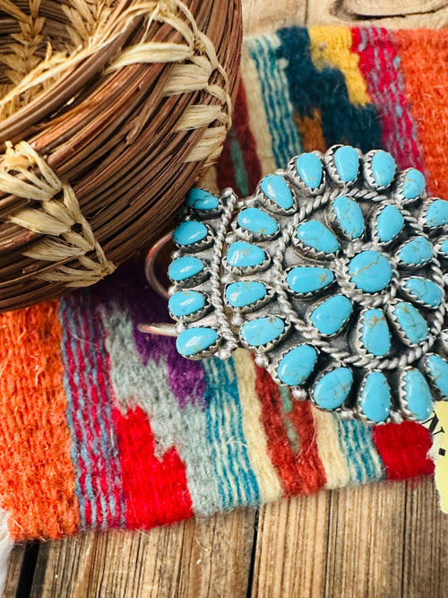 Handcrafted Old Pawn Sterling Silver & Turquoise Cluster Cuff Bracelet