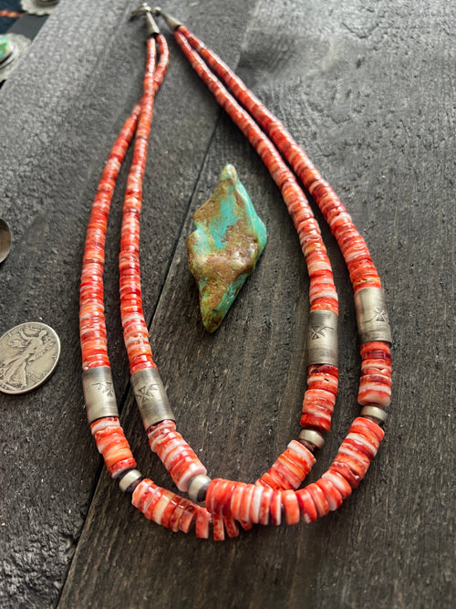 Santo Domingo (Kewa) Sterling Silver and Red Spiny Oyster Shell Jacla Bead Necklace by Daniel Coriz