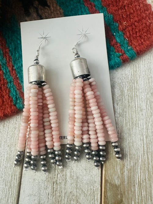 Navajo Queen Pink Conch & Sterling Silver Pearl Beaded Tassel Dangle Earrings