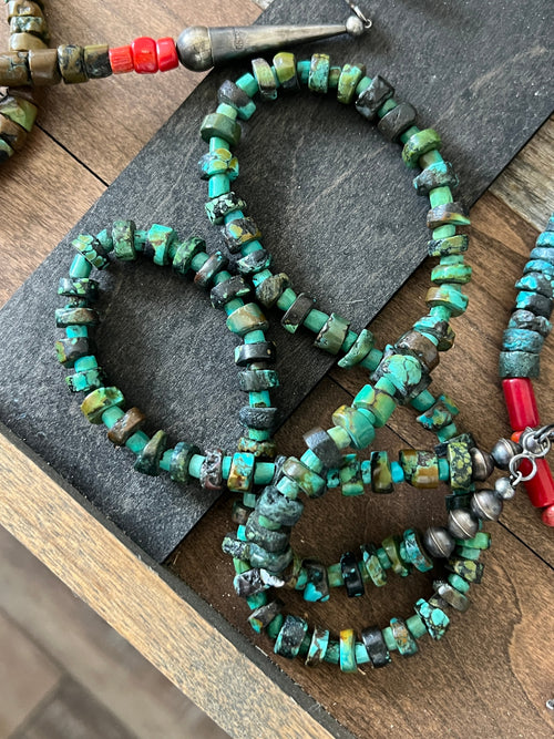 Navajo Hubei Turquoise Beaded Necklace with Sterling Silver and Bamboo Coral by Kirby Smith: 13 To Choose From!