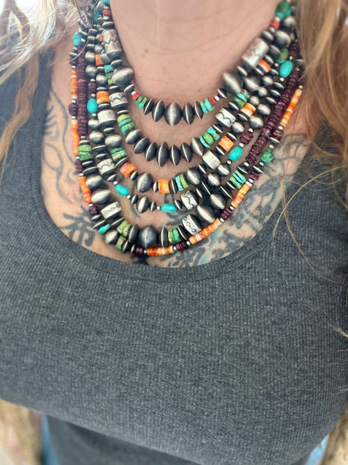 Navajo Made Electric Rainbow Sterling Silver, Turquoise and Spiny Oyster Single Strand Beaded Necklace by Rose Martin, 22 + 2 Inches