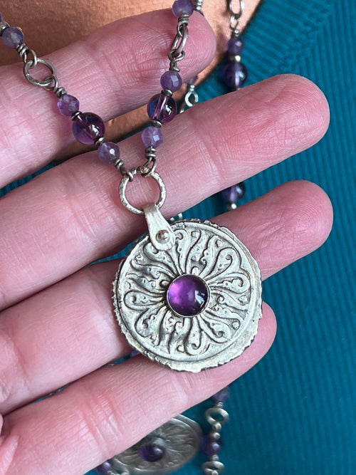 Tularosa Rosary Style Sterling Silver and Amethyst Relic Coin Necklace