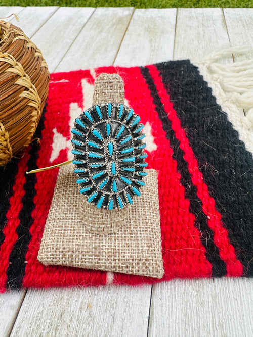 Old Pawn Handcrafted Turquoise & Sterling Silver Cluster Ring Size 8