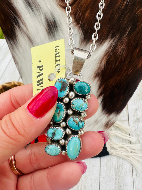 Old Pawn Handcrafted Sterling Silver and Turquoise Cluster Necklace