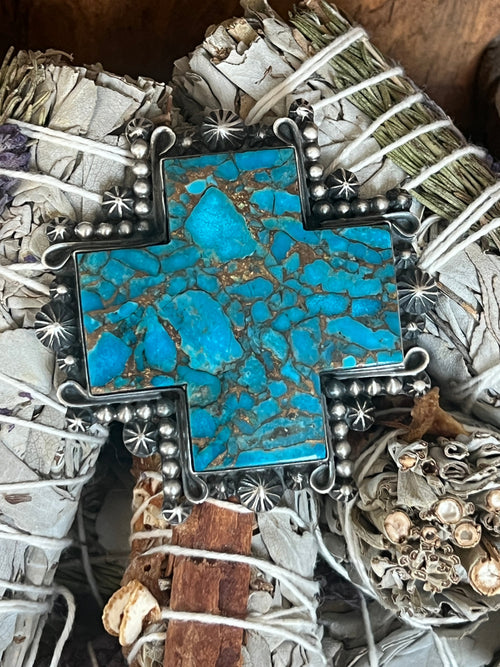 Rosella Paxson Blue Mohave Shepherd Hook Santa Fe Cross Pendant