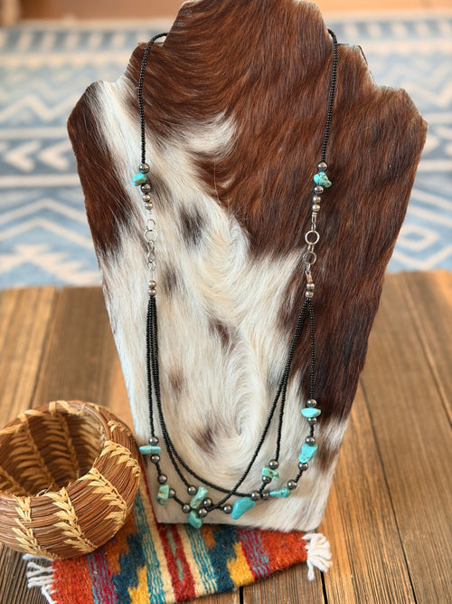 Old Pawn Handcrafted Turquoise, Hematite and Sterling Silver Beaded Necklace