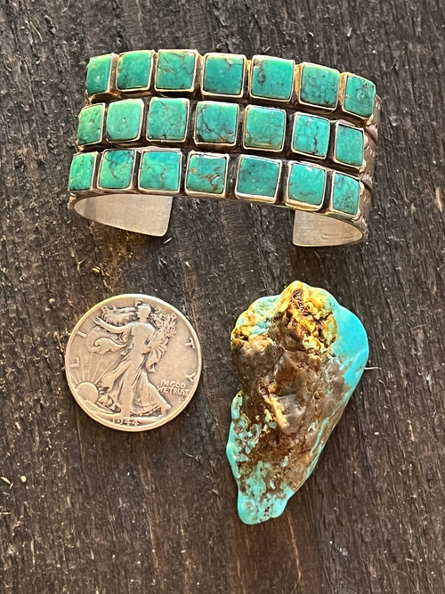 Handcrafted Vintage Sterling Silver and Turquoise Triple Row Square Stone Cuff /