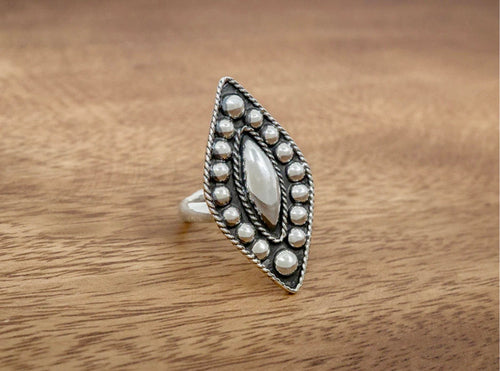 Sterling Silver Vintage Beaded Adjustable Marquise Ring