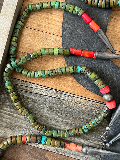 Navajo Hubei Turquoise Beaded Necklace with Sterling Silver and Bamboo Coral by Kirby Smith: 13 To Choose From!