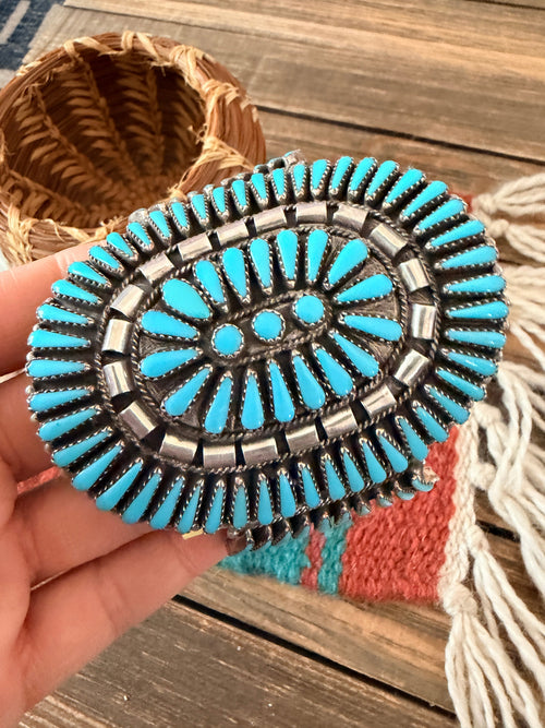 Handcrafted Old Pawn Sterling Silver & Turquoise Cluster Cuff Bracelet