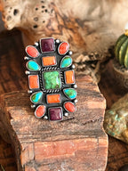 Electric Rainbow Handcrafted Turquoise and Spiny Oyster Cluster Ring by Bernyse Chavez, Adjustable