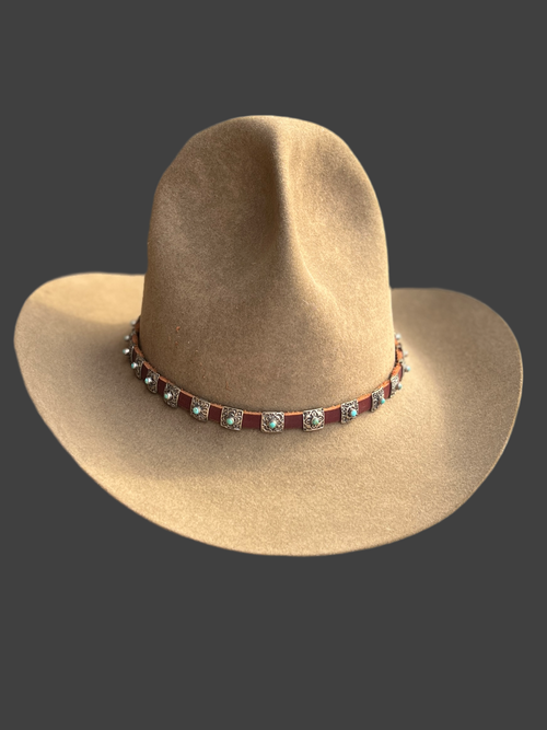 Leather Hat Band with Sterling Silver and Kingman Turquoise Concho Slides