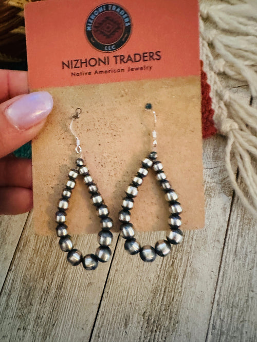 Navajo Sterling Silver Pearl Beaded Dangle Hoop Earrings