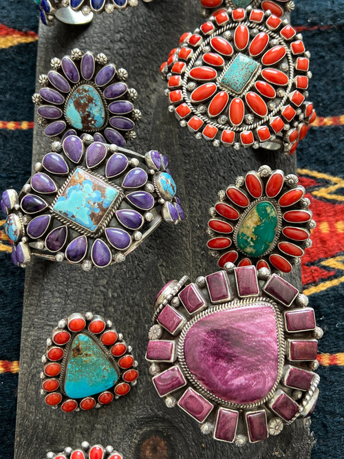 Handcrafted Sterling Silver, Kingman Turquoise and Mediterranean Coral Cluster Ring By Tyler Brown, Adjustable