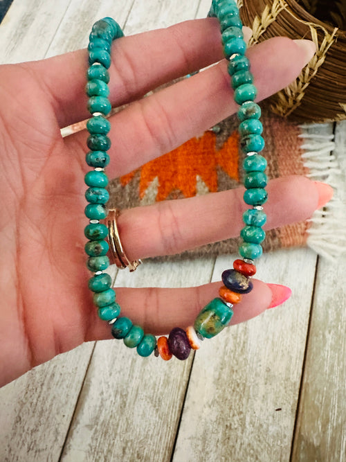 Handcrafted Turquoise, Spiny, Amethyst & Sterling Silver 16” Beaded Necklace