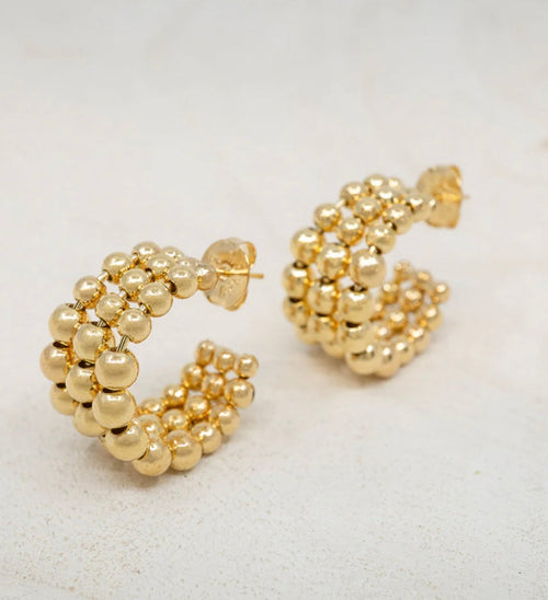 Triple Beaded Hoop Earrings 18k Gold-Plated