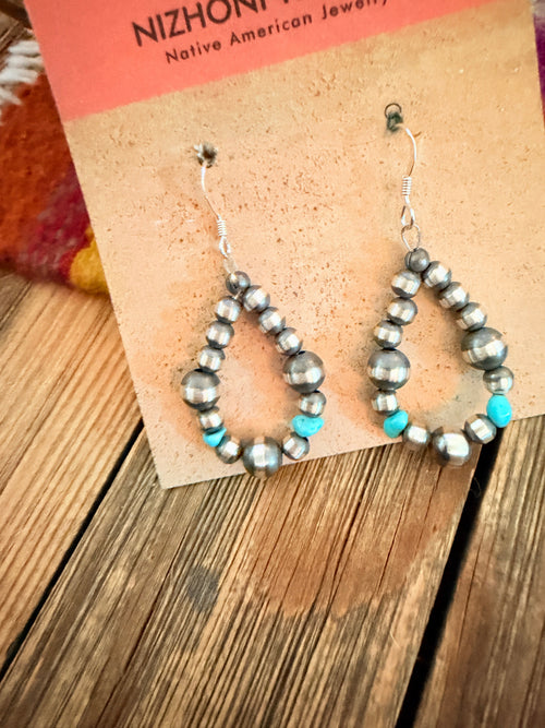 Handcrafted Turquoise & Sterling Silver Pearl Beaded Dangle Hoop Earrings