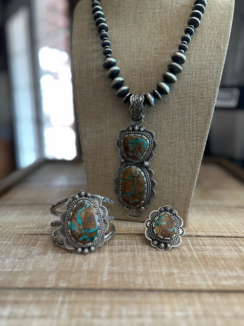 Charles Johnson Navajo Ribbon Turquoise & Sterling Silver Necklace, Bracelet and Ring Set Signed