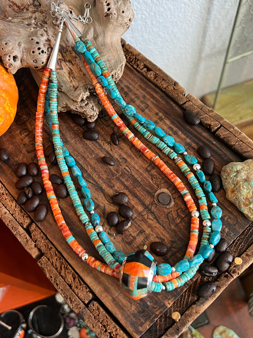 Daniel Coriz Triple Strand Spiny Oyster and Turquoise Beaded Necklace w/ Removable Sterling Silver & Stone Inlay Bead