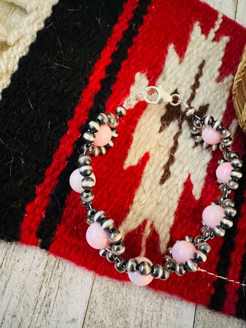 Navajo Queen Pink Conch Shell & Sterling Silver Beaded Flower Bracelet