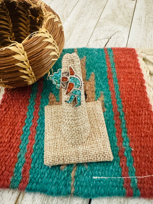 Handcrafted Old Pawn Sterling Silver, Turquoise & Coral Inlay Kachina Ring Size 5