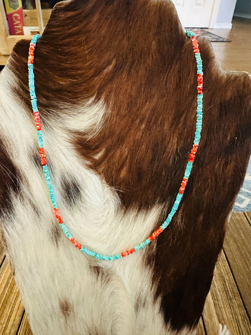 Handcrafted Turquoise & Spiny Oyster 20” Beaded Necklace